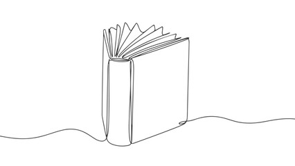 A minimalist line drawing of an open book standing upright on a wavy line. © Purnomo