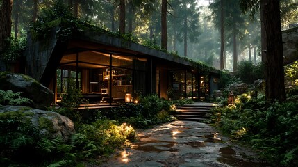 Luxury house in a lush green forest high resolution photo