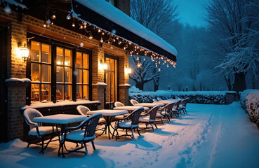 Restaurant patio tables and chairs covered in snow. Outdoor cafe seating area at night with festive lights. Empty tables await winter guests.