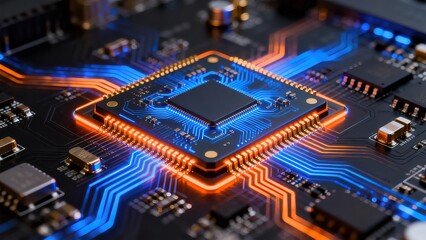 Closeup of a glowing circuit board