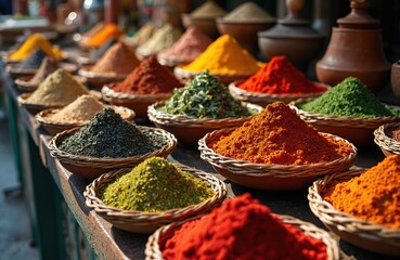 Fototapeta premium Colorful spice mounds displayed in woven bowls at a Moroccan street market. Various powders and herbs piled high for sale, offering aromatic ingredients for cooking and traditional meals.