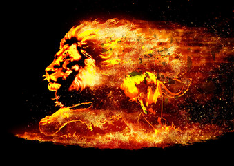 暗い背景に燃える火のライオンの3dイラスト。炎に包まれたライオンの力強いイメージ。