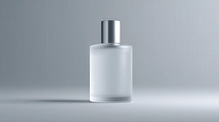 Minimalist frosted glass container with metallic closure centered on a neutral gray background