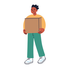 Flat cartoon vector illustration of man carrying cardboard box, moving and relocation theme, packing belongings and job change, simple work scene for delivery, logistics and life transition projects