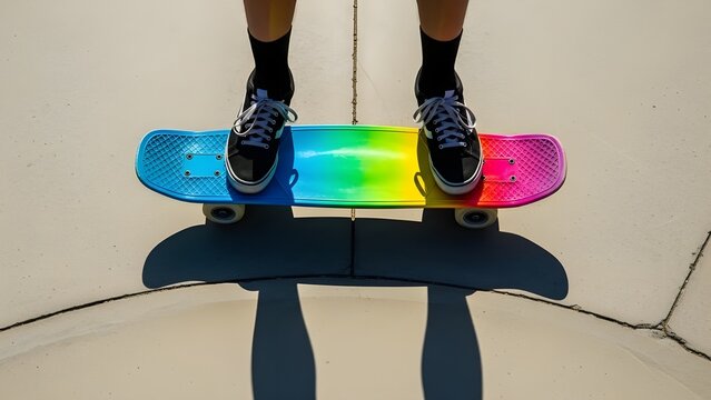 Top down view of a colorful caster board on a skatepark ramp, feet in skate shoes balanced on the deck, strong shadows and high contrast midday light, sporty teen lifestyle mood