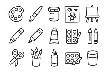 Art supplies icons: paintbrush, palette, easel, and more.