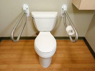 Toilet with grab bars rail bathroom safety concept
