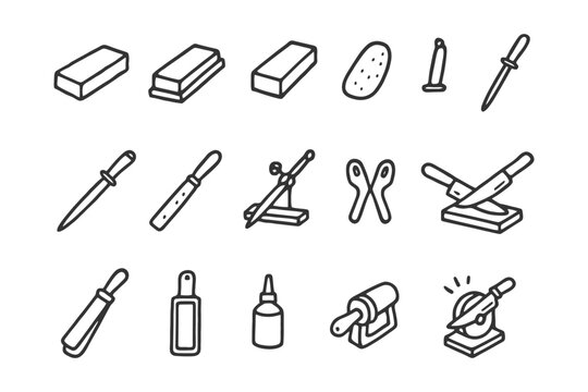 Hand-drawn kitchen and sharpening tools icons collection.