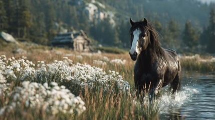 Majestic horse galloping through mountain stream high resolution photo
