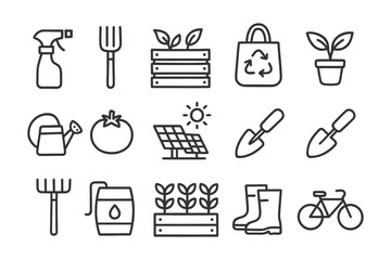 Fototapeta premium Gardening icons: tools, plants, solar panel, recycling bag, bicycle.