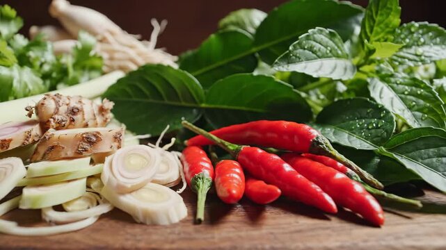 Fresh Thai Ingredients for Authentic Asian Cuisine Lemongrass, Galangal, Kaffir Lime Leaves, and Red Chilies