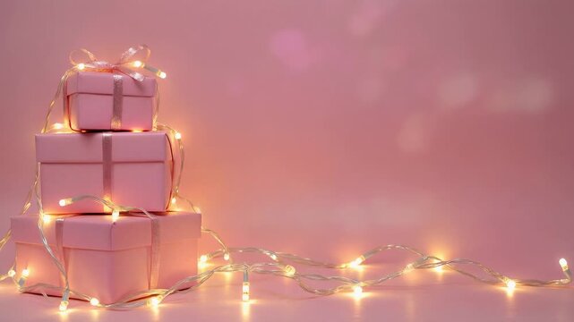 Festive Stack of Pink Gift Boxes Tied with Ribbon and Decorated with Warm Fairy Lights on a Soft Pink Background