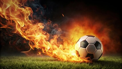 Fototapeta premium Fiery Soccer Ball Rolling Across Lush Green Field, a Dramatic Image Representing Intense Competition and Unwavering Passion
