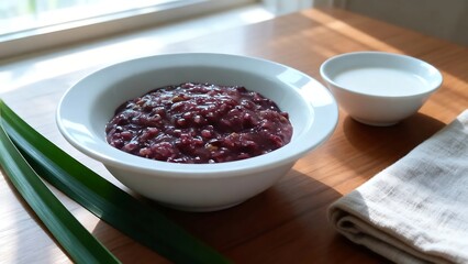 Traditional Indonesian black sticky rice porridge with separate coconut milk on wooden table