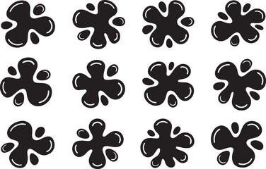 Fototapeta premium Seamless pattern of twelve black ink splatters on a white background Keywords: ink splatter, black ink, paint splatter, liquid splash, abstract