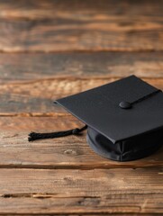 Black Bachelor's Hat, Wooden Background Graduation Theme