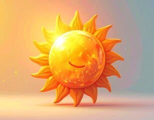 Cartoon sun smiling, radiating warmth with sun rays, soft glow