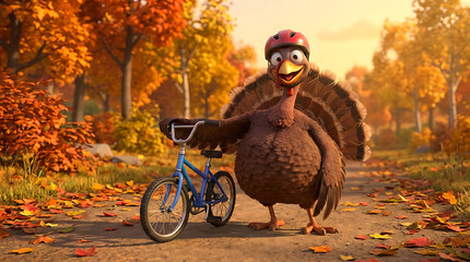 Turkey sport cartoon character in autumn park