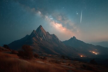 Milky way over snow-capped mountains high resolution photo