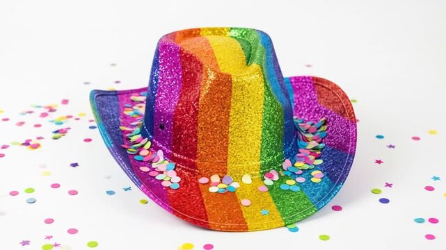 Vibrant glittery rainbow cowboy hat with colorful confetti scattered on white