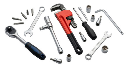 Naklejka premium assorted set of hand tools and wrenches with a red pipe wrench on isolated background