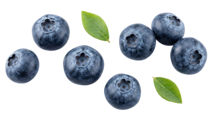 Fresh blueberries with vibrant green leaves isolated on a transparent background