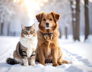 Cat and dog sitting together in a snow-covered forest path