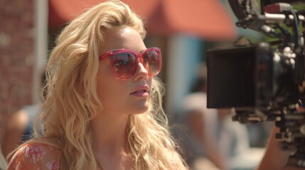 A woman stands in front of a camera her blonde hair flowing enjoying the sunny outdoor setting.