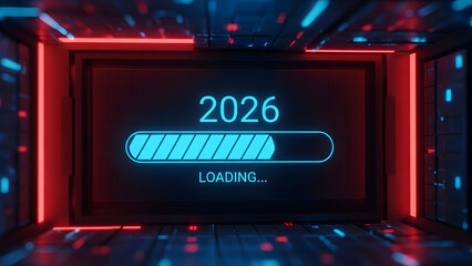 A futuristic digital display showing '2026' with a blue loading bar and 'LOADING...' text, set in a dark room with glowing neon red and blue lights, symbolizing progress towards the future.