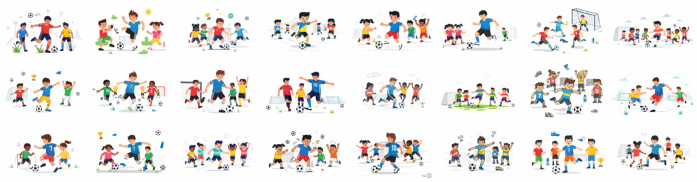 A collection of diverse illustrations showing energetic children playing soccer, practicing skills, scoring goals, and celebrating youth sports teamwork.