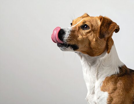 Close-up of a brown and white dog licking its nose on white background