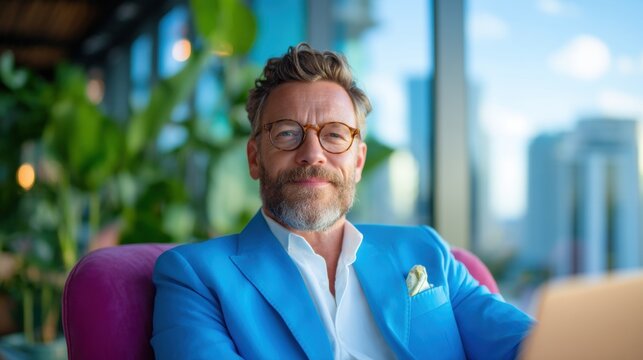 Mature businessman wearing blue suit and glasses sitting comfortably in a luxurious chair with a cityscape view - Powered by Adobe