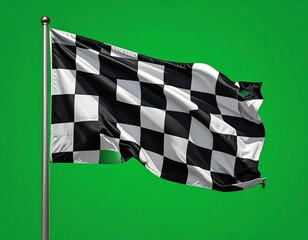 Checkered flag waving on a pole, isolated against green backdrop