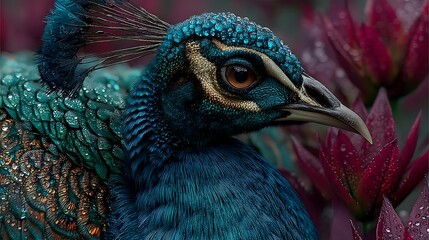 Misty garden scene with a proud peacock high resolution photo