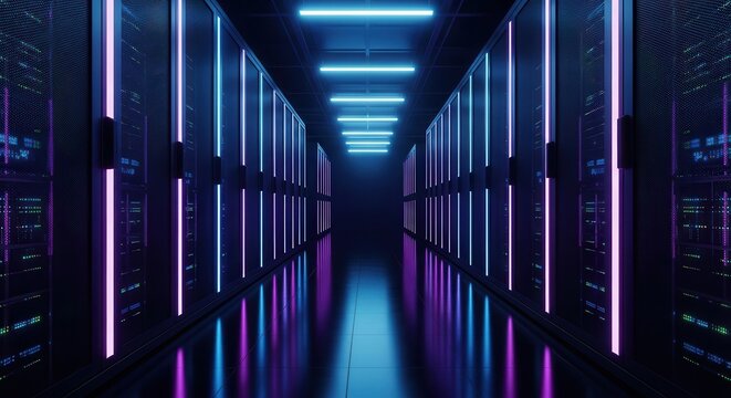 Modern data center with neon lights and server racks - Powered by Adobe