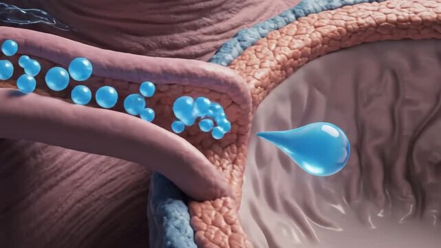Animated Medical Illustration of Fluid Droplets Entering Biological Cavity with Textured Walls and Blue Lighting Effects, Showing Cellular Transport