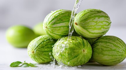 Stack of small, striped green melons being rinsed with clear running water