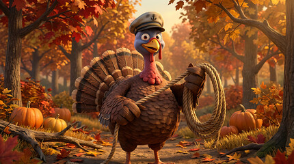 Turkey sport cartoon character in autumn park