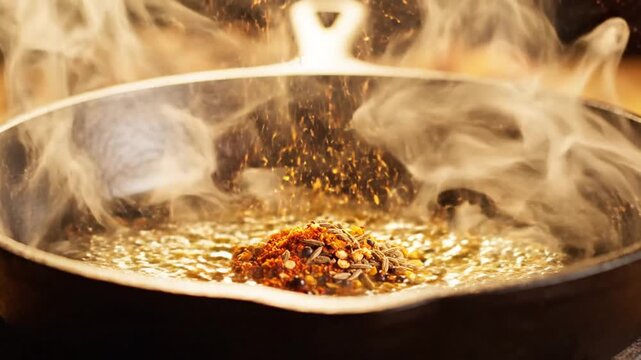 Spices cascade into a shimmering hot pan, creating an explosion of texture and warmth