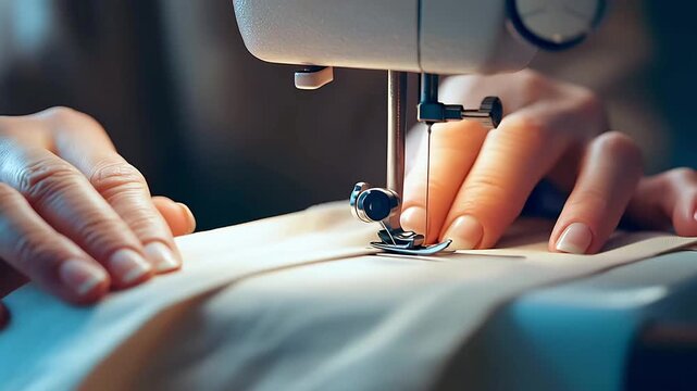 A detailed close-up of a craftswoman's hands carefully guiding light-colored fabric under the presser foot of a modern sewing machine. The needle moves, creating a precise stitch. Warm, directional li