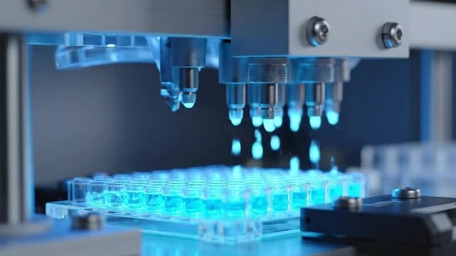 Automated Liquid Handling System Performing Precise Pipetting in a Laboratory Setting With Blue Illumination Scientific Research and Development