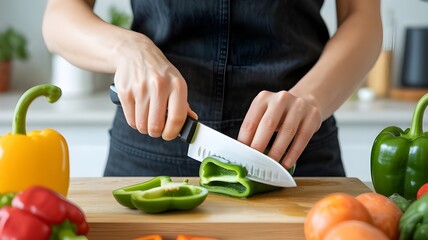 Close-up of a professional chef's hands skillfully slicing a vibrant green bell pepper
