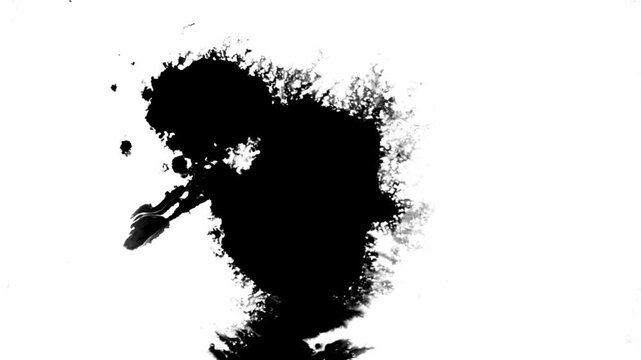 A black ink blotch splatters and spreads across a white background, creating an abstract, organic shape.