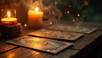 Mystic tarot cards and burning candles create a dark, mystical atmosphere. Fortune telling deck laid out on wood table for divination and psychic reading. Sparks float.