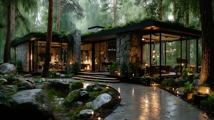 Modern forest home nestled in trees high resolution photo