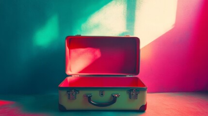 An open vintage suitcase reveals its empty interior. The bright colors create a striking contrast. Perfect for travel themes or nostalgic concepts. Generative AI