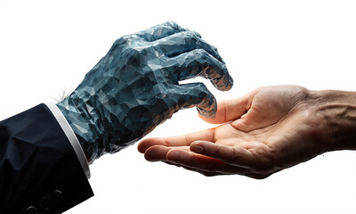 Obraz premium Silent Guidance Portrait A cool-hued polygonal hand gently guides a king toward a warm-hued human palm, three-quarter close composition