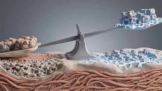 Balance Scale Demonstrating Bone Density Comparison with Healthy Versus Osteoporotic Bone Structure and Blood Vessels Below