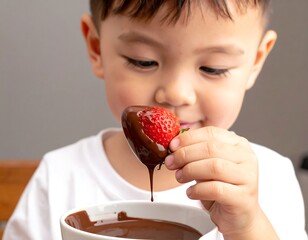 Child joyfully observes chocolate-covered strawberry, dipping a treat