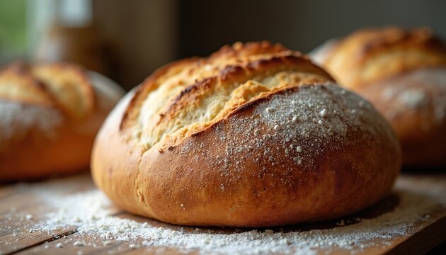 Artisan baked bread loaves dusted with flour rest on wooden surface. Warm, golden crusts suggest fresh homemade baking perfect for meals and bakeries.